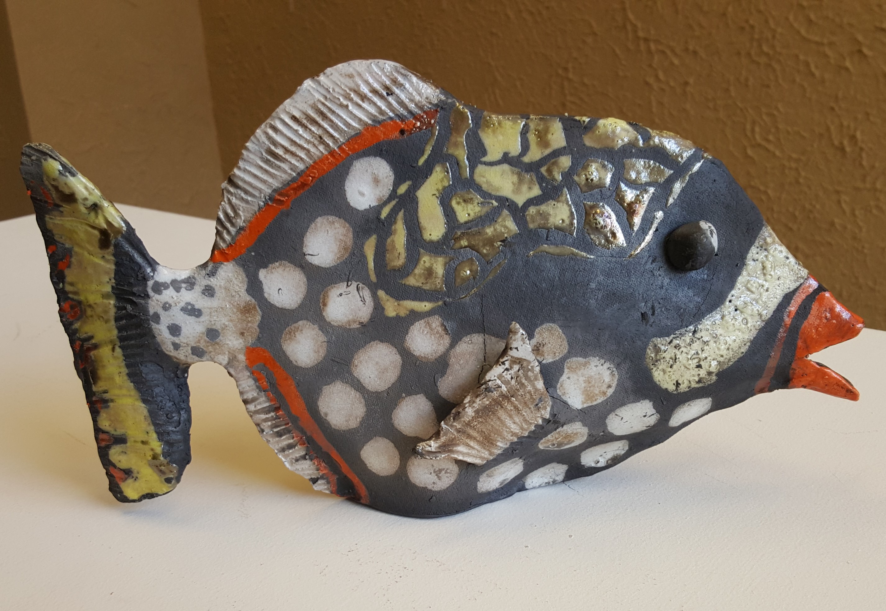 Fish using process of Raku firing. Artist Diane Lockerby